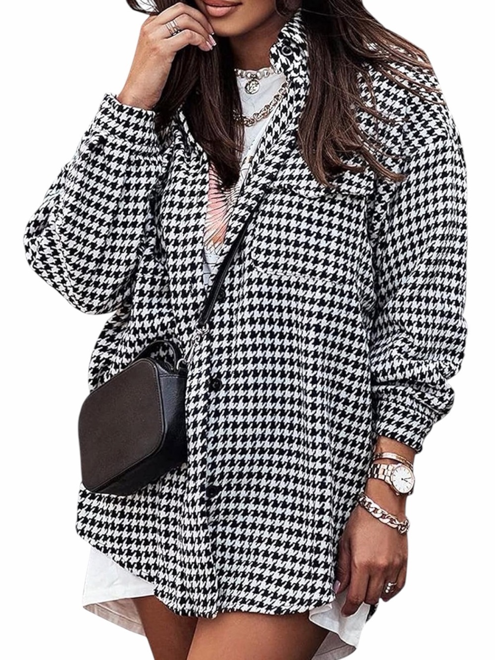 Oversized Navy Houndstooth Shacket Long Sleeve Woven Shirt Jacket Women’s Size M